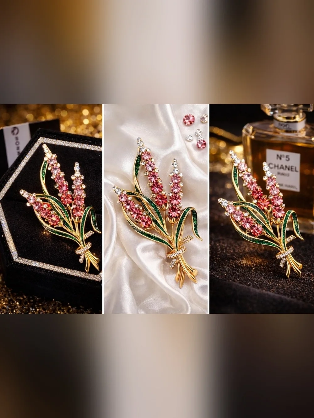 Gold-Tone Pink Crystal Floral Spray Brooch